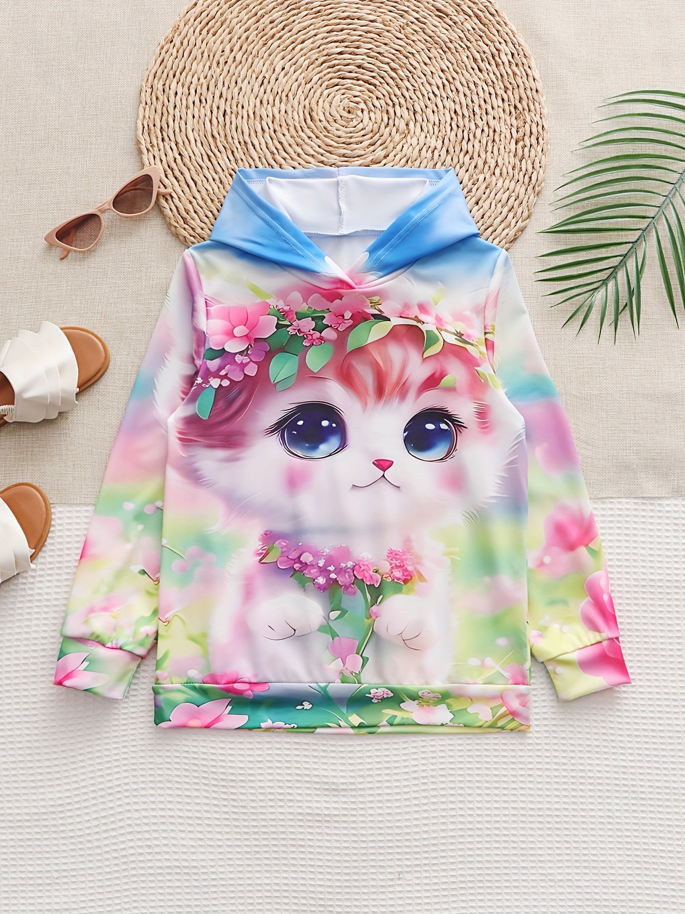 Girls Kitty & Flower Graphic Hoodies Comfy Casual Sweatshirt