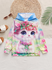 Girls Kitty & Flower Graphic Hoodies Comfy Casual Sweatshirt