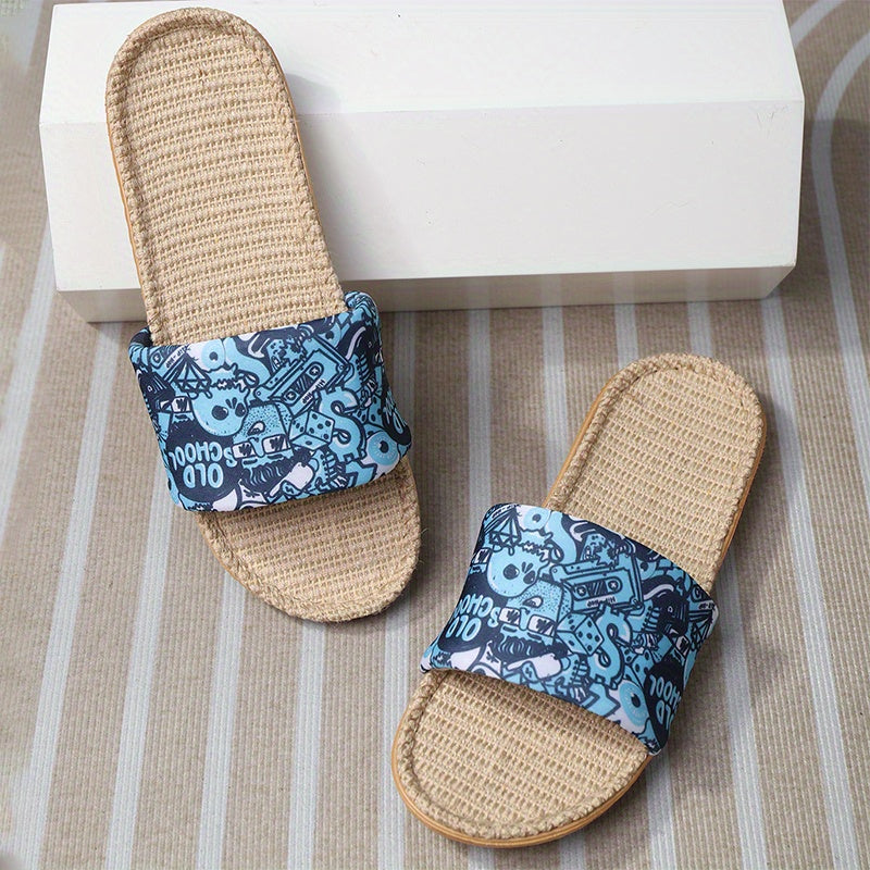Women's Cartoon Skull Slippers Open Toe Linen Sandals Lightweight Beach Shoes