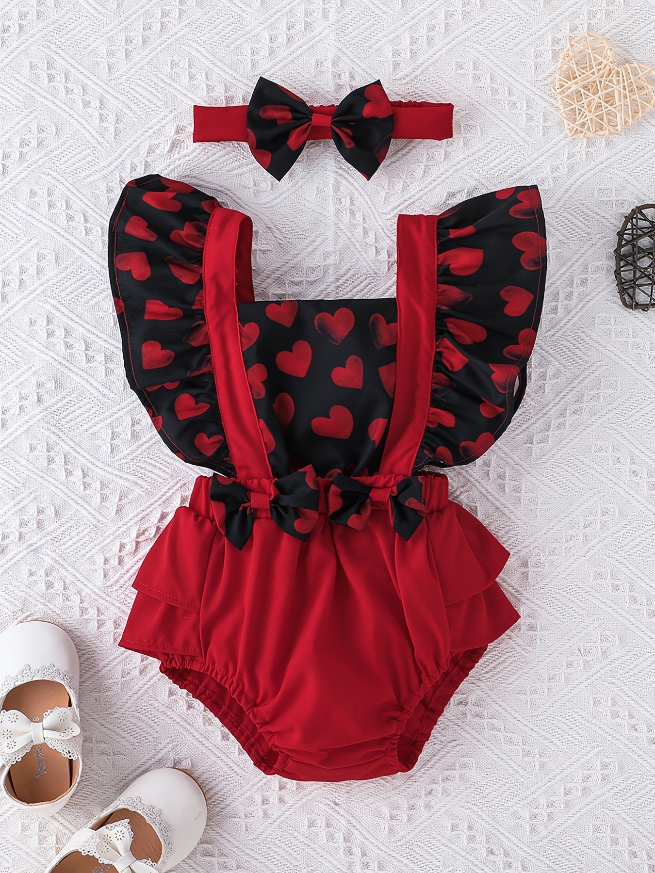 Newborn Infant Heart Print Romper & Bow Headband Set For Baby Girls