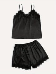 Lace Trim Pajama Set V Neck Cami Top & Shorts