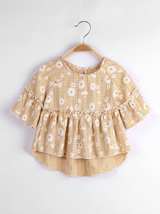 Girls Daisy Floral Print Peplum Top Short Sleeve Vacation Kid Gift