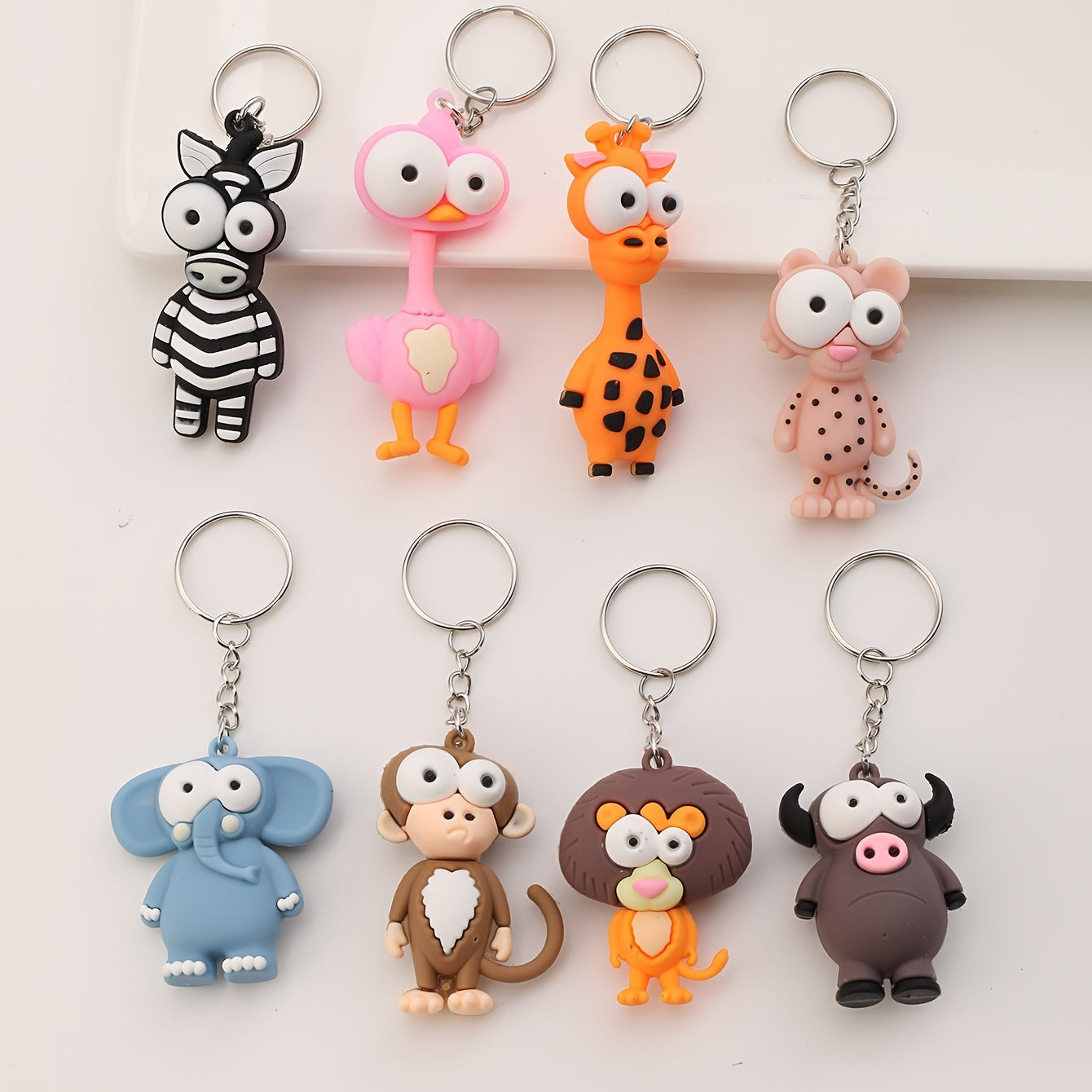 8pcs Big Eye Animal Keychain PVC Elephant Monkey Cow Deer Bag Key Chain