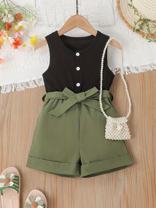 Girls Ribbed Sleeveless Romper Jumpsuit with Belt