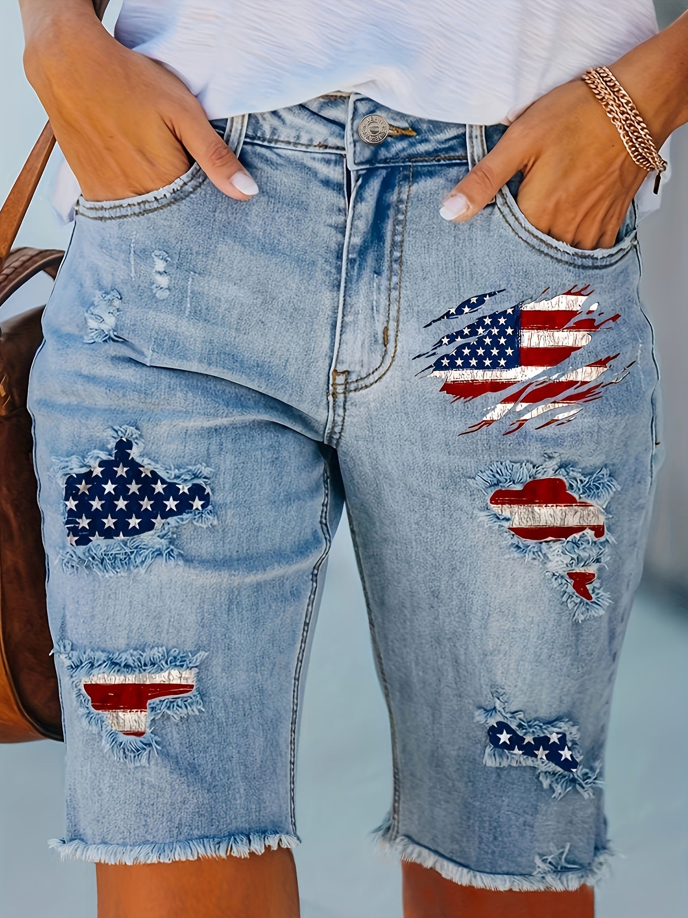  Women's Flag Print Denim Shorts with Ripped Fringe Trim
