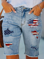  Women's Flag Print Denim Shorts with Ripped Fringe Trim