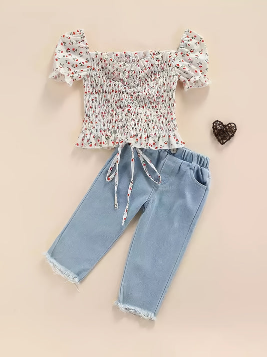 Floral Puffed Sleeve Denim Kids Outfit Set
