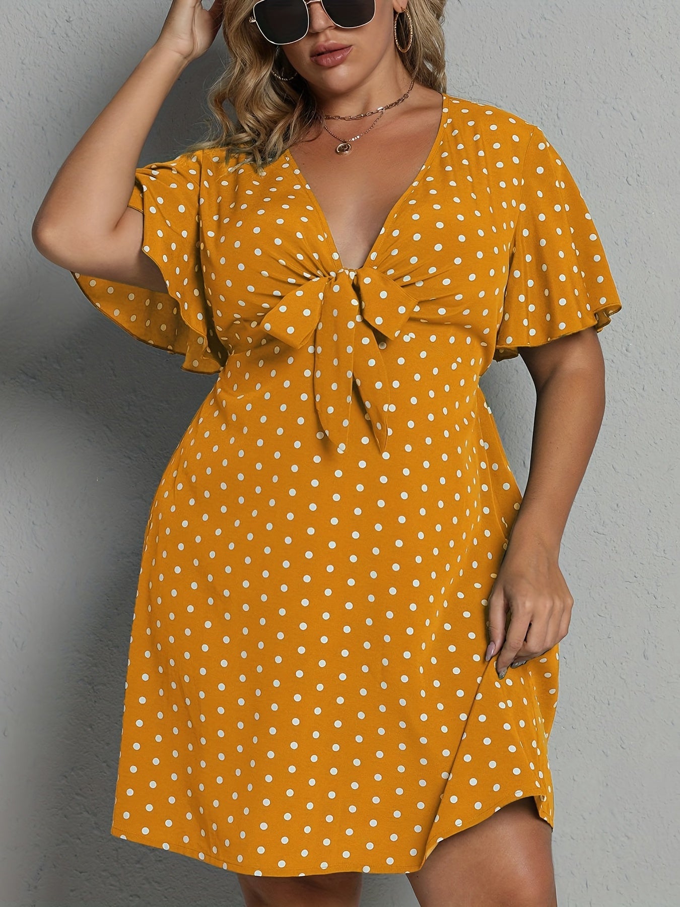  Polka Dot Flutter Sleeve Bow Knot Dress