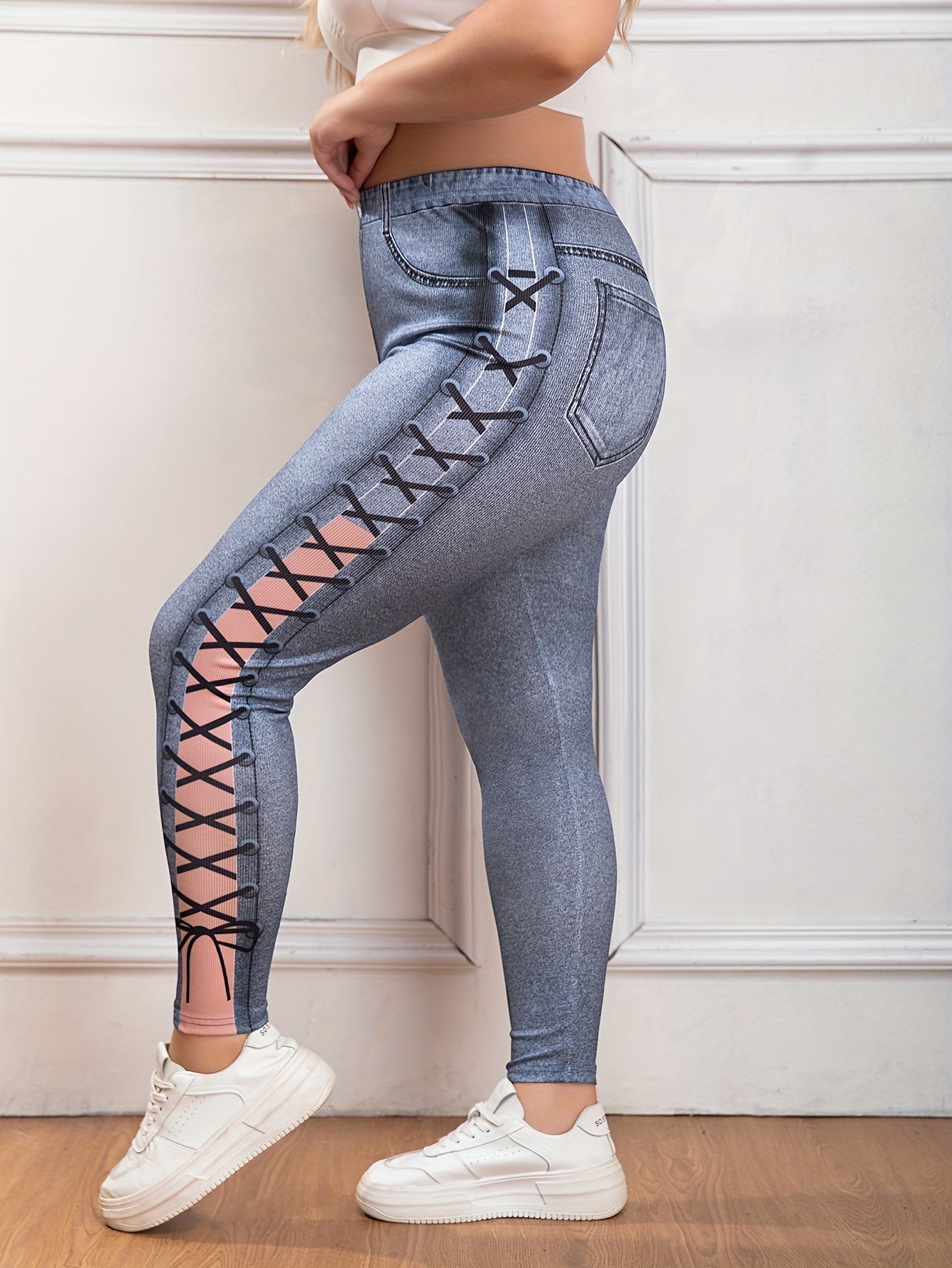 Women's Plus Denim Print High Waisted Skinny Leggings