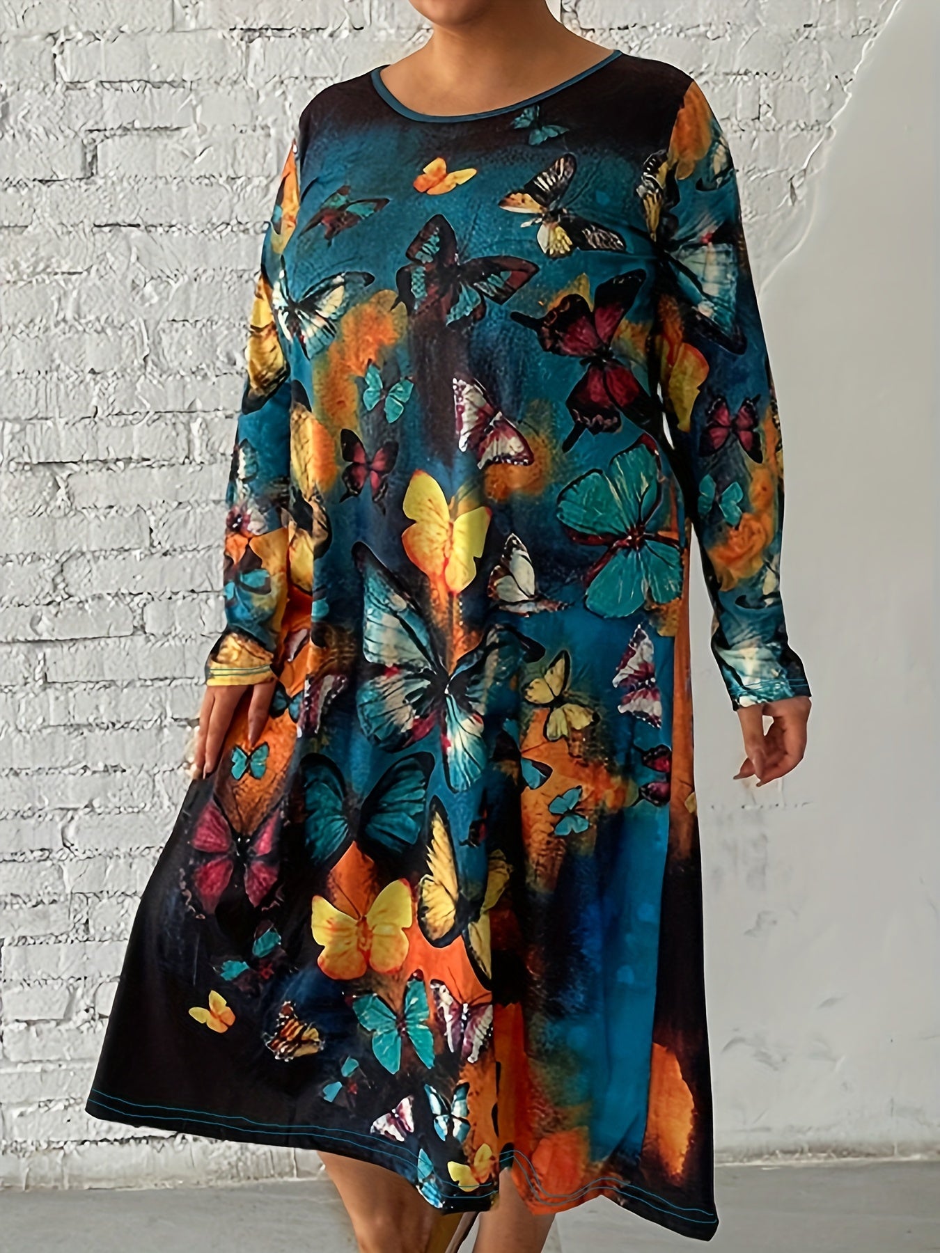  Tie Dye & Butterfly Print Long Sleeve Casual Dress