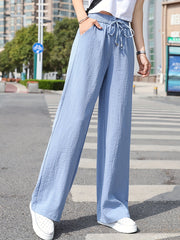 Solid Drawstring Wide Leg Pants Elastic Waist