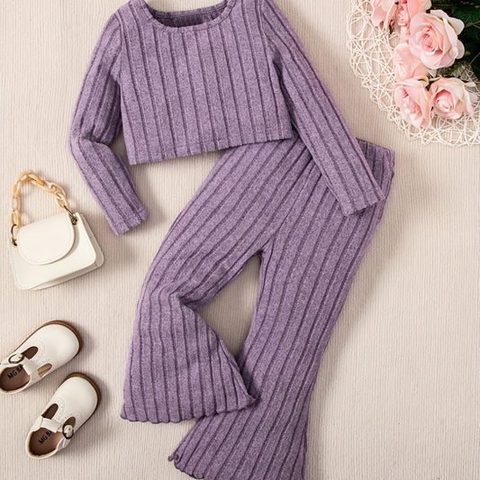Toddler Girl's Ribbed Top & Flared Pants Set Casual Outfits Kids Clothes