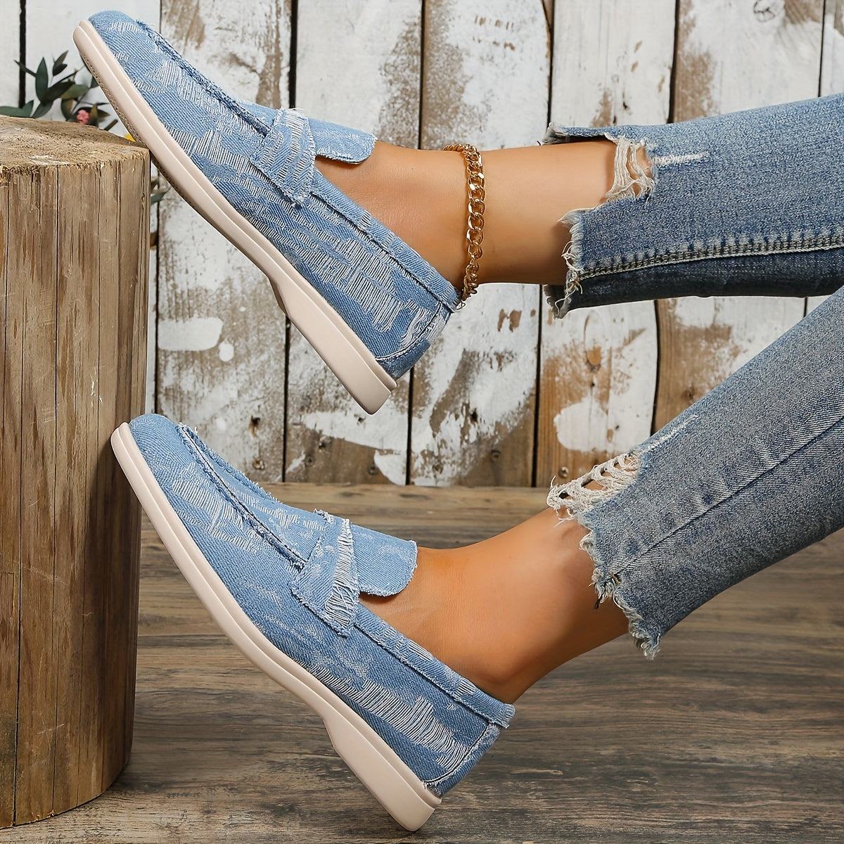 Women's Denim Flat Loafers Slip On Walking Shoes Casual Flats