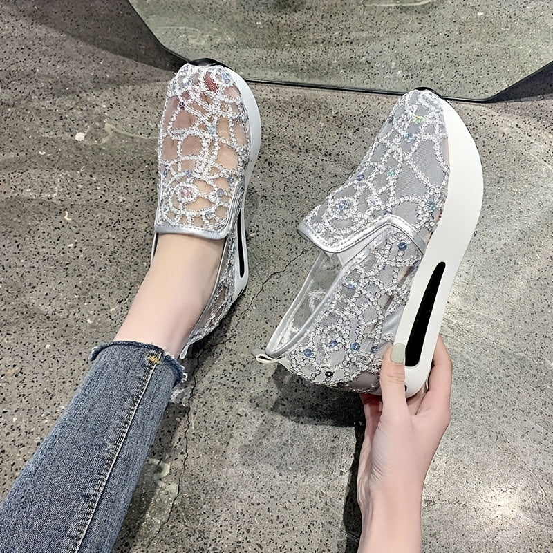 Sequins Platform Loafers Lace Slip On Walking Shoes