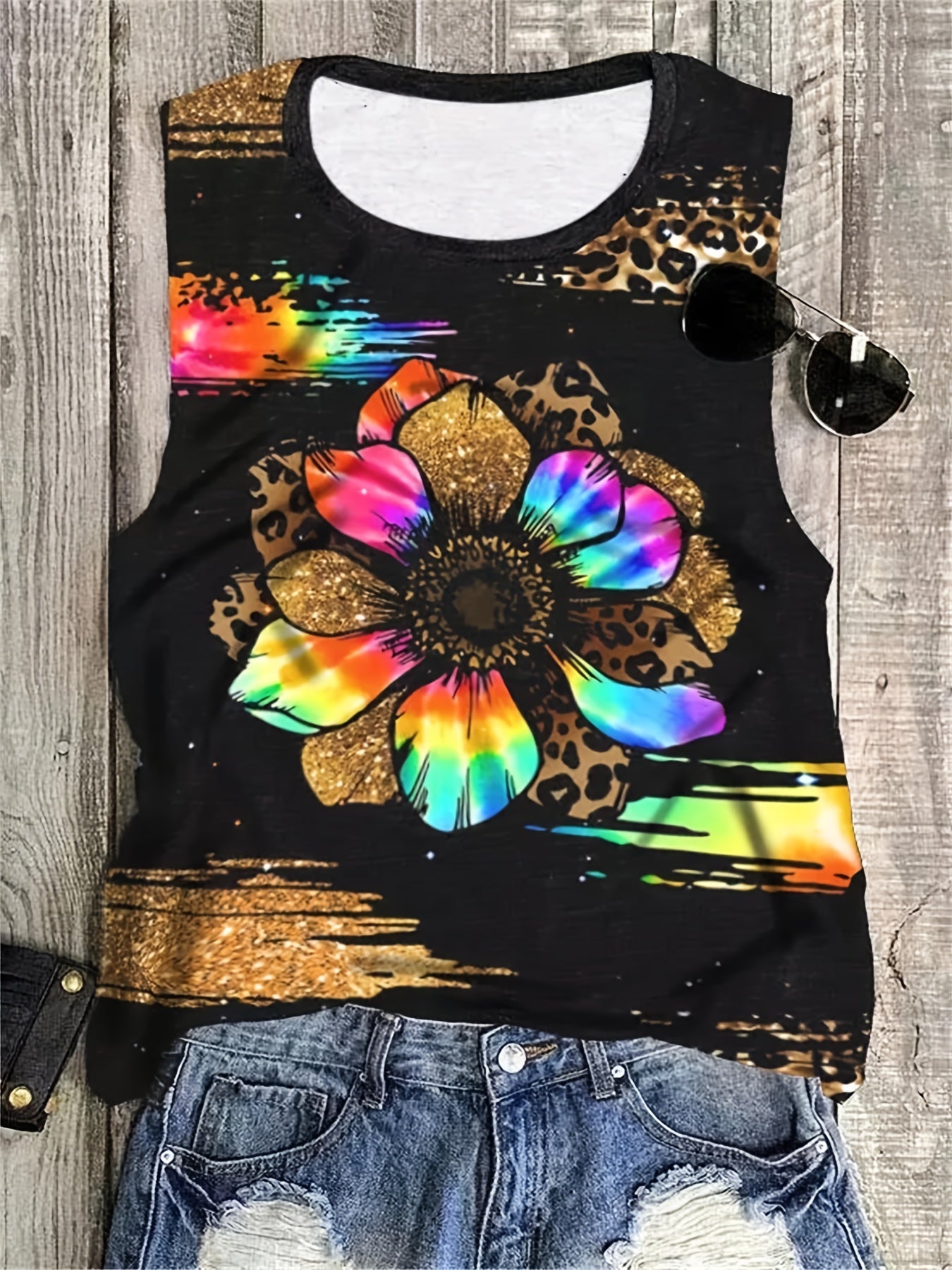 Leopard Flower Print Tank Top Crew Neck Sleeveless Tank Top Women's Clothing