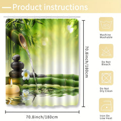 Chinese Style Shower Curtain with Hooks, Bamboo & Stone Pattern, Bathroom Decor