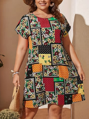 Plus Size Boho Dress Women's Plus Scarf & Floral Print Short Sleeve Dress