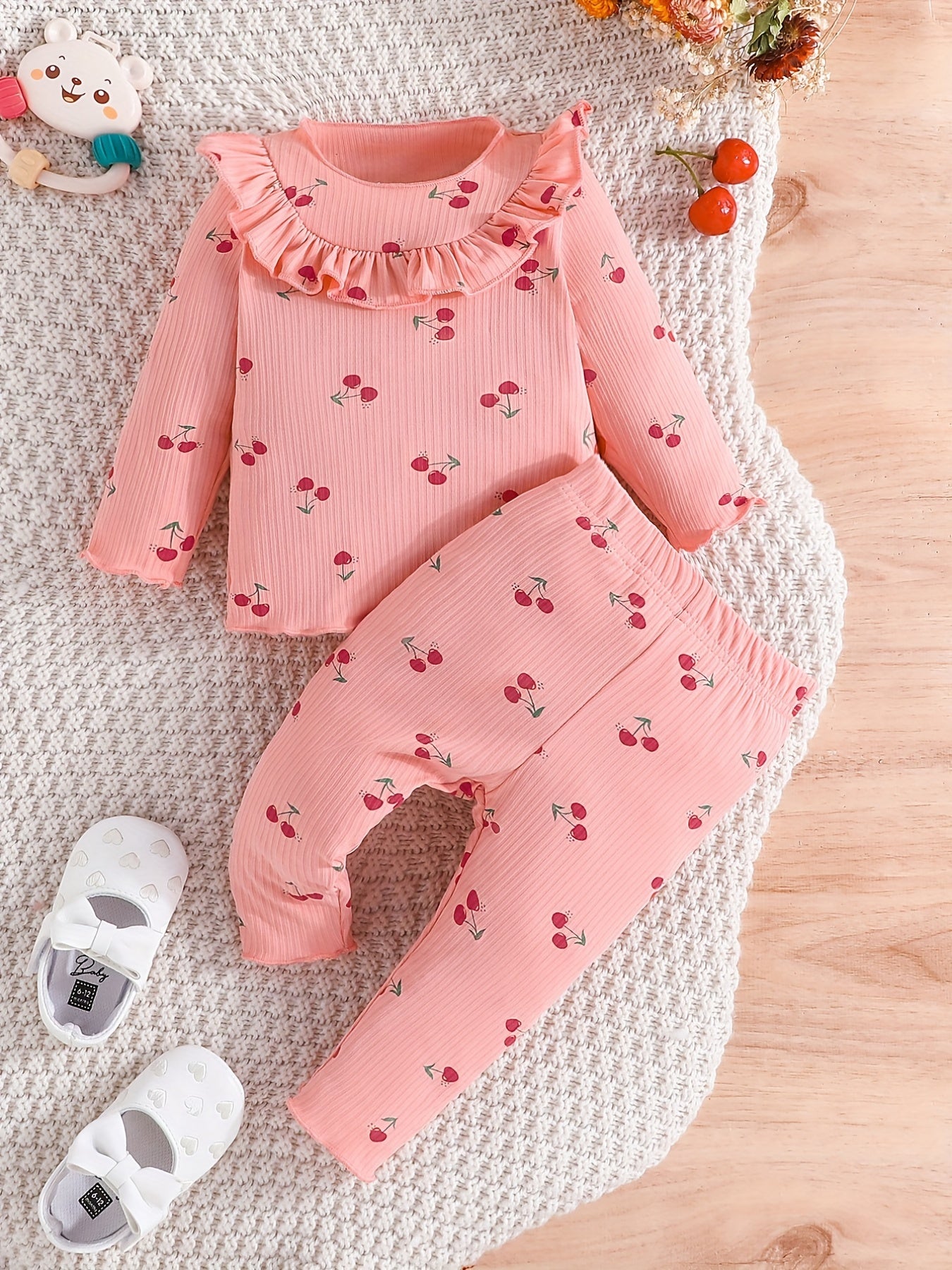 Toddler Girl Cherry Print 2 Piece Set Round Neck Long Sleeve & Trousers