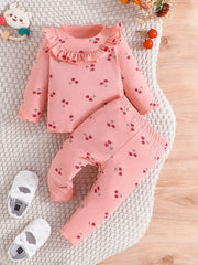 Toddler Girl Cherry Print 2 Piece Set Round Neck Long Sleeve & Trousers
