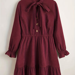  Solid Corduroy Flounce Button Up A line Mini Dress