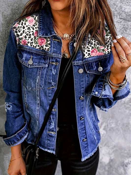  Floral & Leopard Print Fringe Trim Denim Jacket