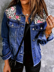  Floral & Leopard Print Fringe Trim Denim Jacket