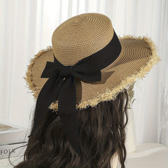 Straw Sun Hat Bowknot Decor Flat Top Jazz Fedora French Style Sunshade Beach Hat