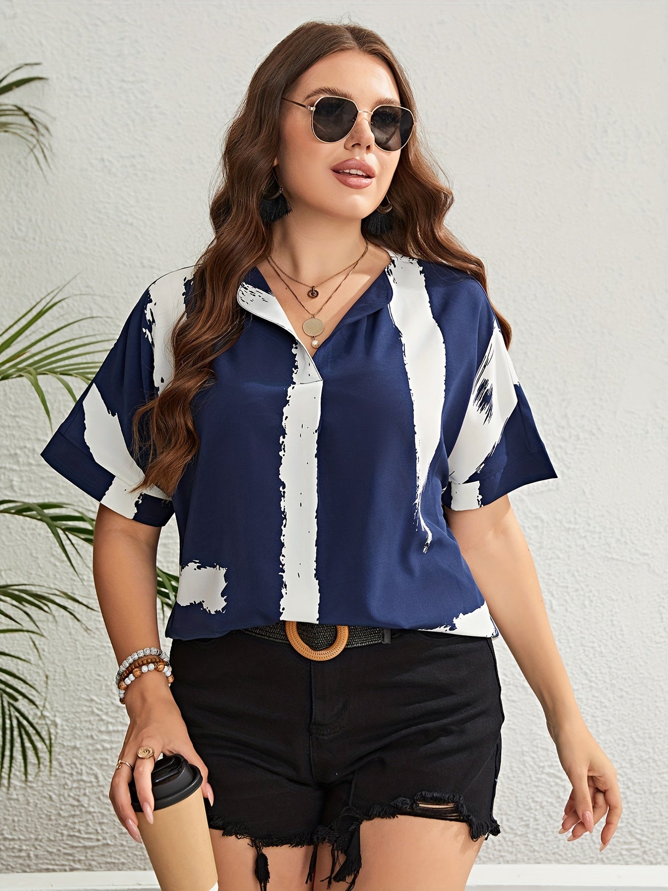  Stripe Print V Neck T-shirt