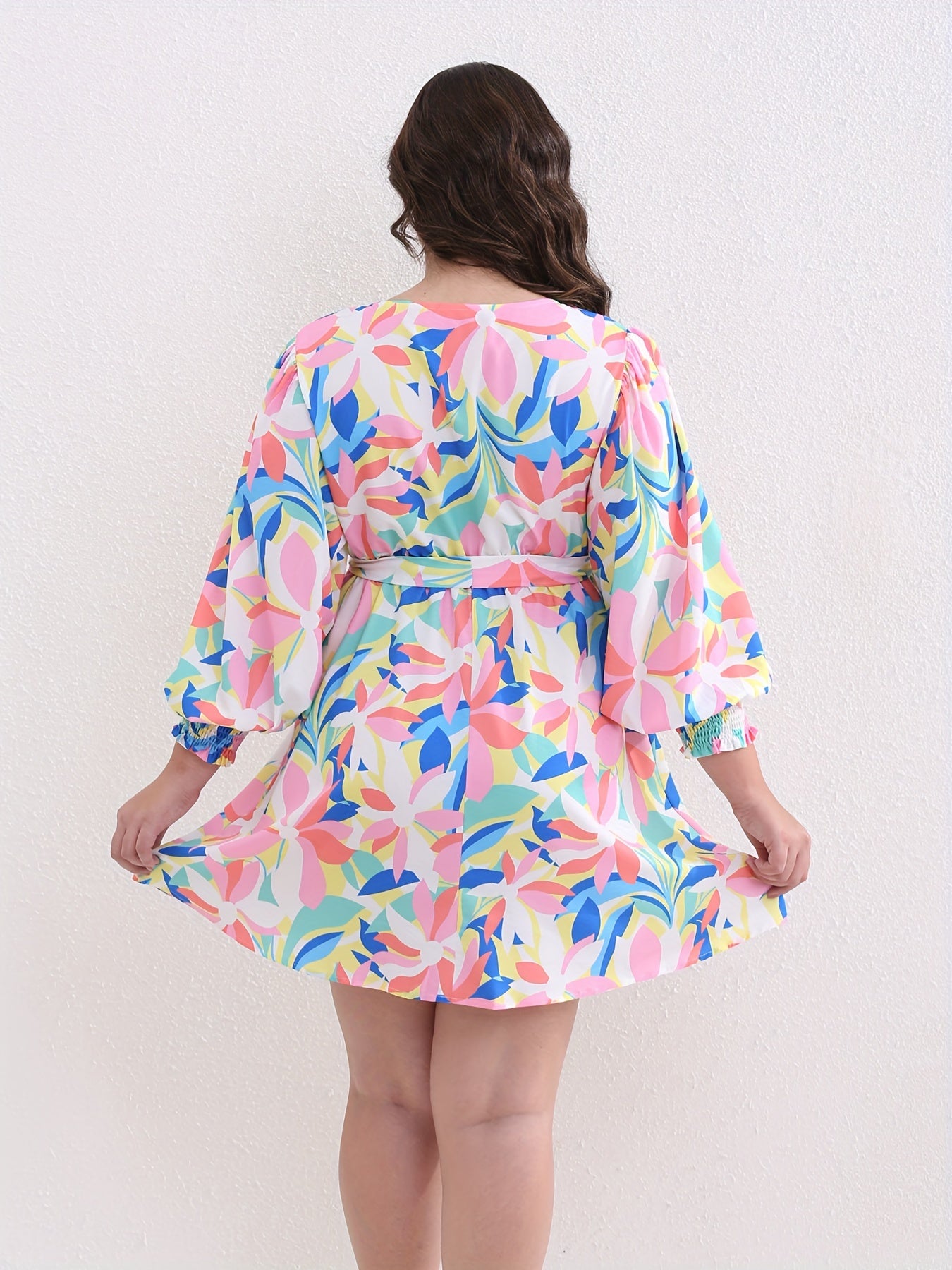  Floral Print Lantern Sleeve Dress With Belt
