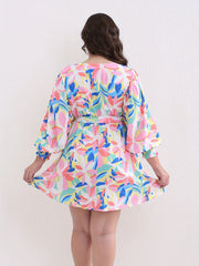  Floral Print Lantern Sleeve Dress With Belt