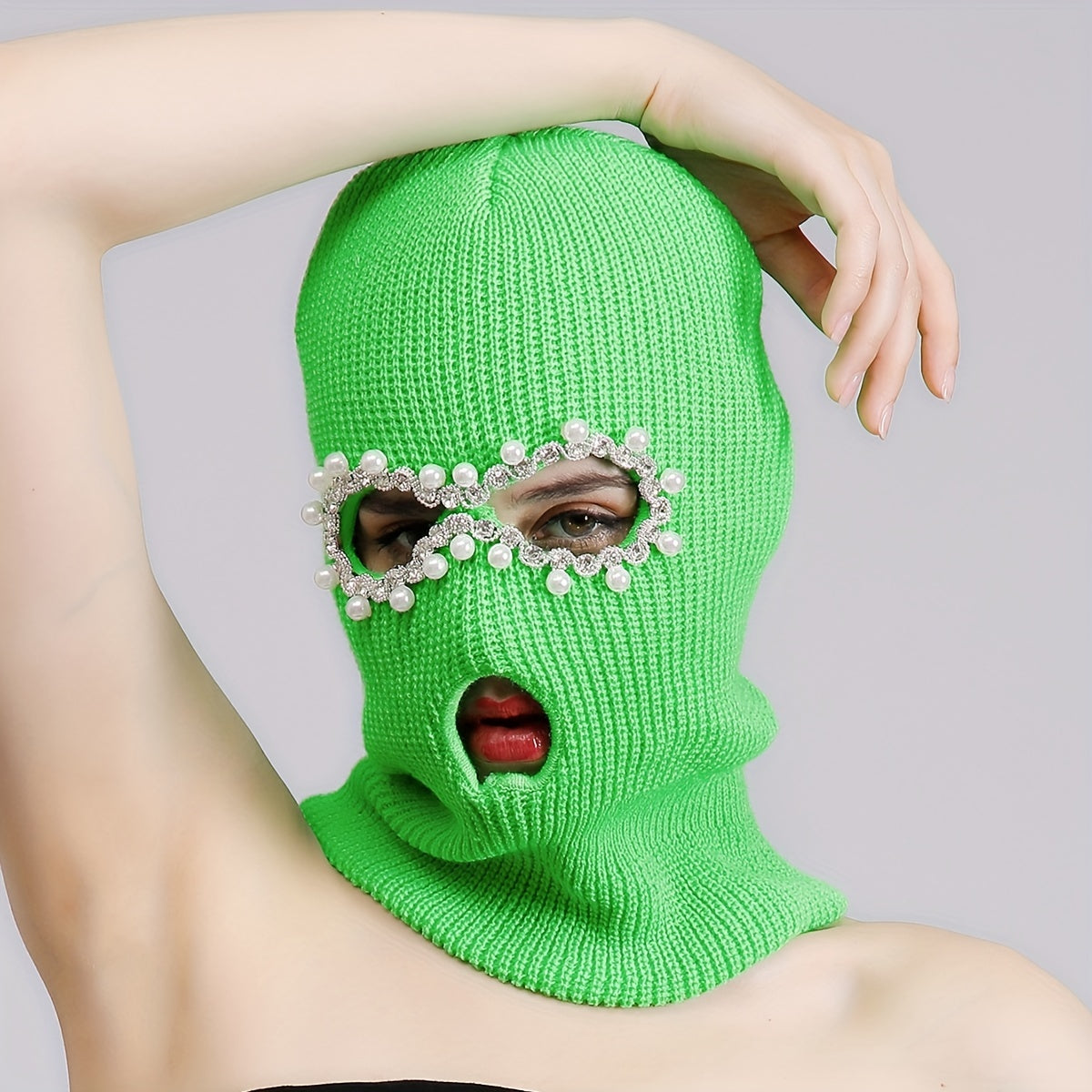 Green Y2K Balaclava Faux Pearl Decor Ski Mask