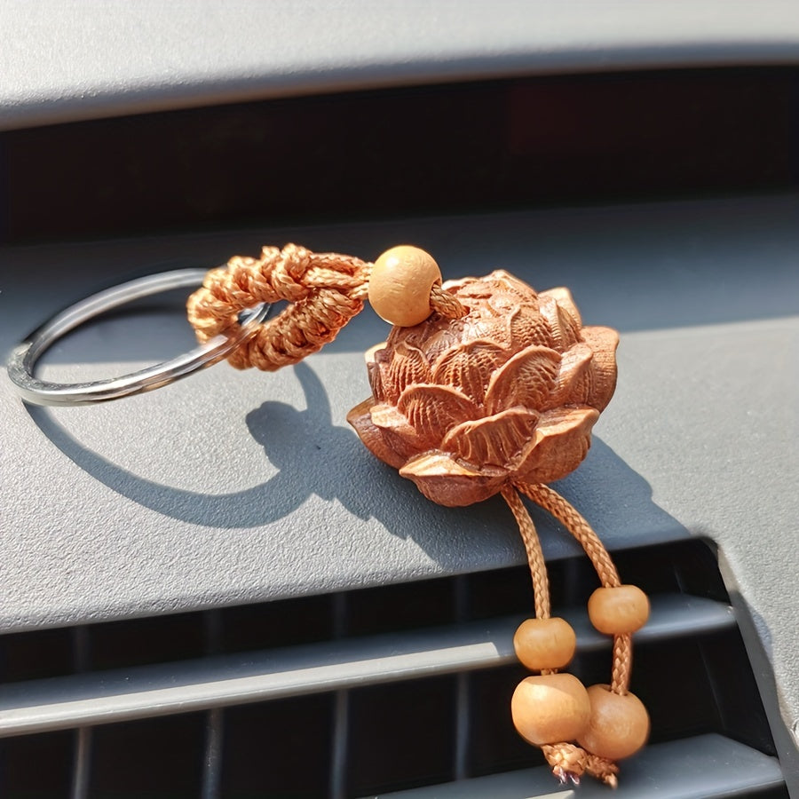 Peach Wood Lotus Car Key Chain Wooden Pendant Gift Souvenir