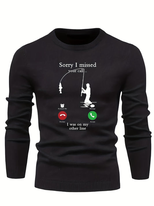 Fishing Pattern Novel Sweater Men's Casual Warm Stretch Crew Neck Pullover