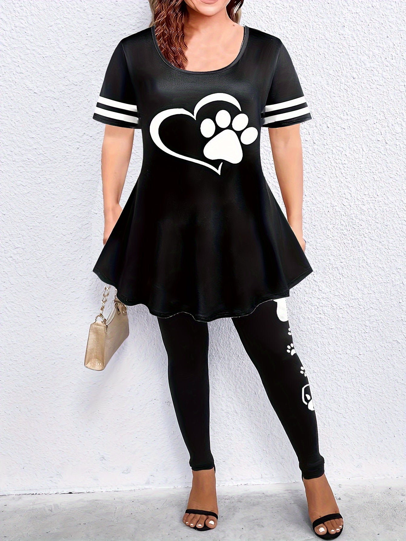  Paw Heart Print Top & Leggings Outfit Set for Women