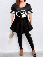  Paw Heart Print Top & Leggings Outfit Set for Women