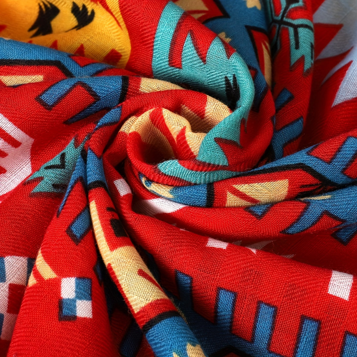 Red Geometric Print Tassel Scarf Bohemian Warm Shawl Windproof Head Wraps
