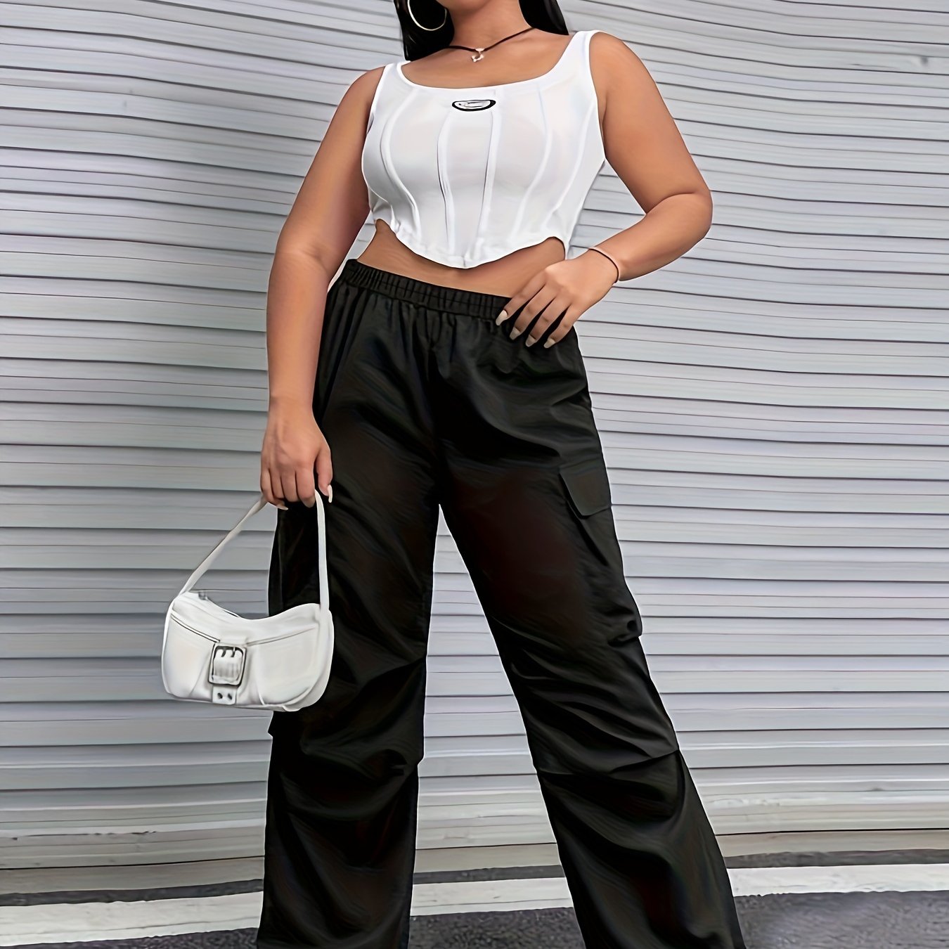  Solid High Rise Wide Leg Cargo Trousers