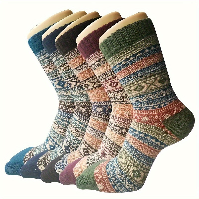 5 Pairs Winter Rabbit Wool Socks Men Women Warm Ethnic Style Soft Crew Socks