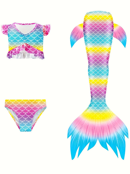 Mermaid Swimsuit 3pcs Ruffle Bikini Set & Mermaid Tail Tie dye Bathing Suit