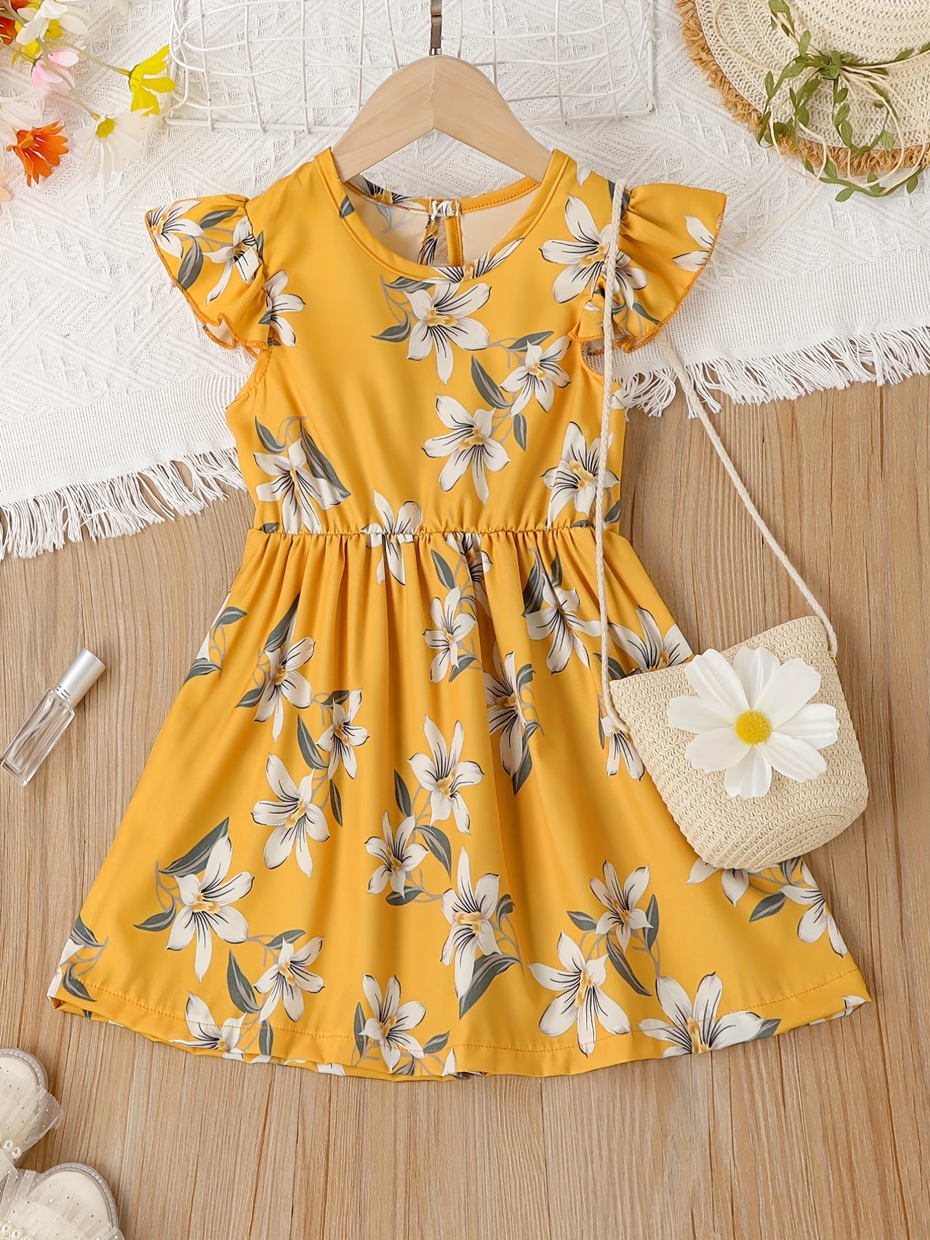 Girls Ruffle Trim Flowers Graphic Princess Dress For Party Beach Vacation