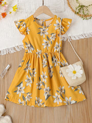 Girls Ruffle Trim Flowers Graphic Princess Dress For Party Beach Vacation
