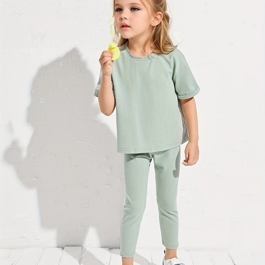 Girl's 2pcs T shirt & Leggings Set Solid Short Sleeve Top Casual Outfits