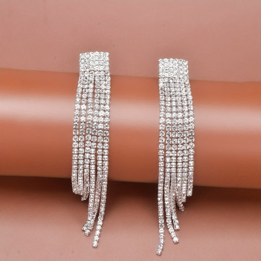 Sparkling Rhinestone Tassel Earrings Copper Silver Plated