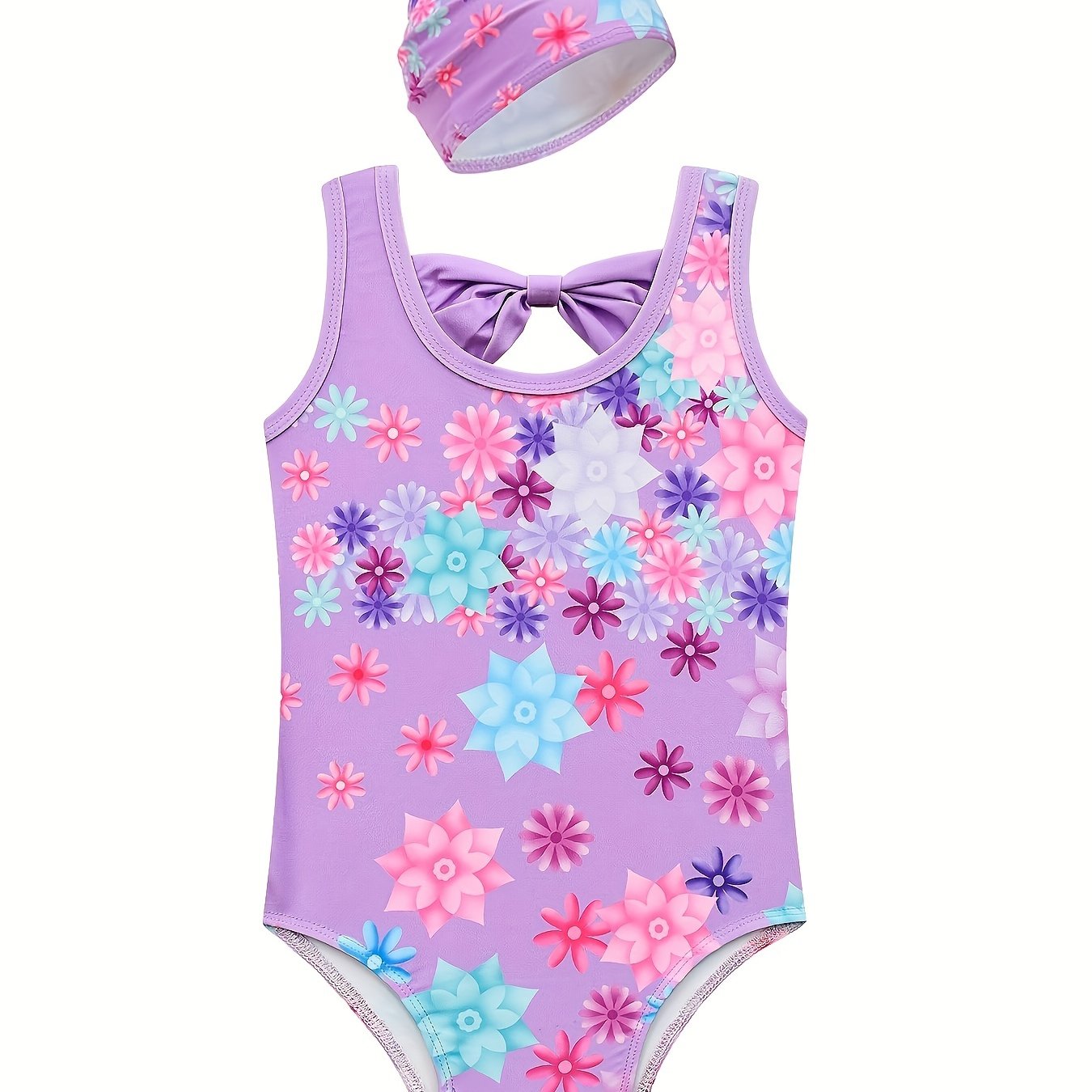 Girls 2pcs Swimsuit Tankini & Swim Cap Floral Print Bow Decor