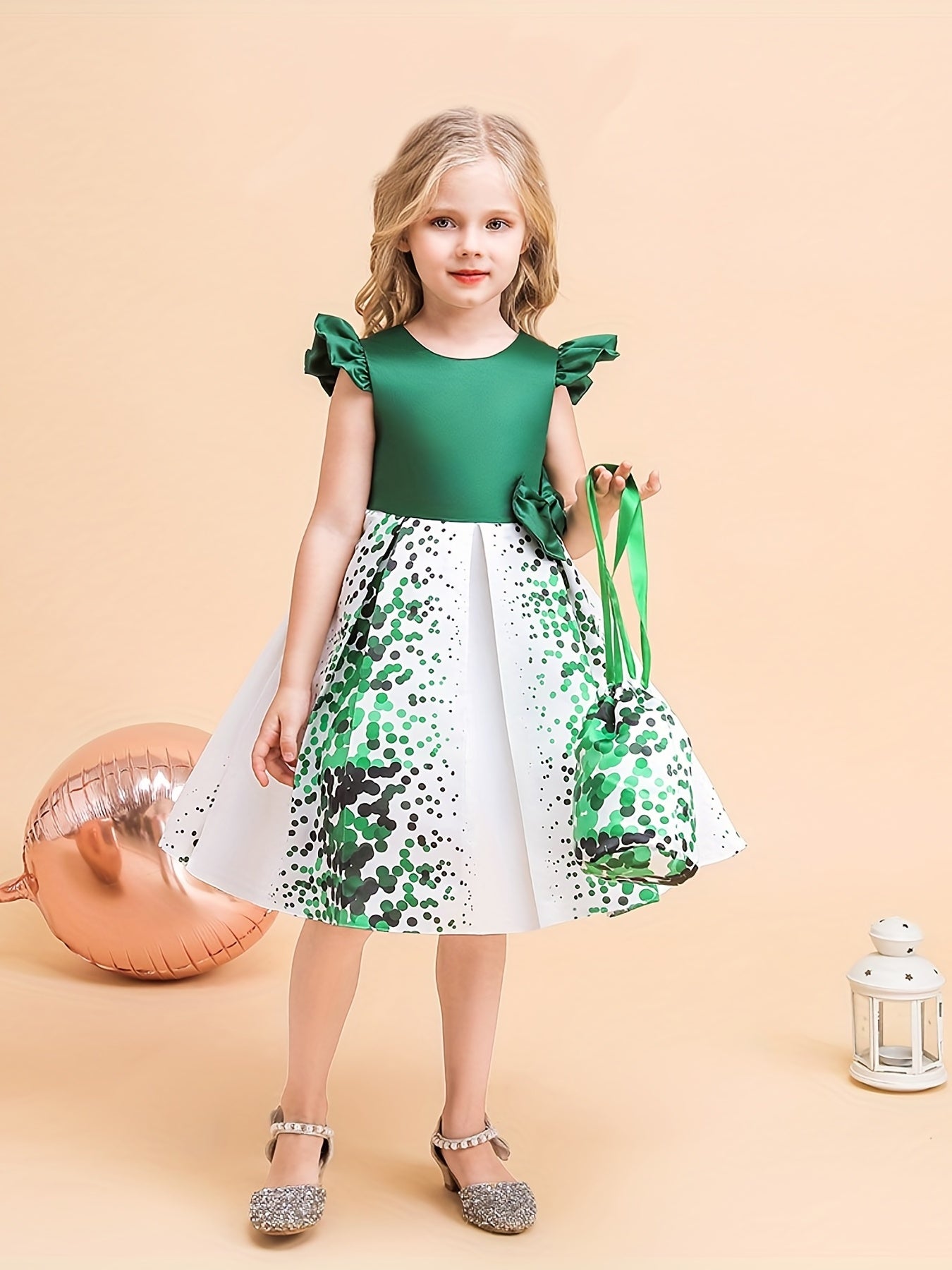 Girls Polka Dot Princess Dress Gown With Bag for Party Performance