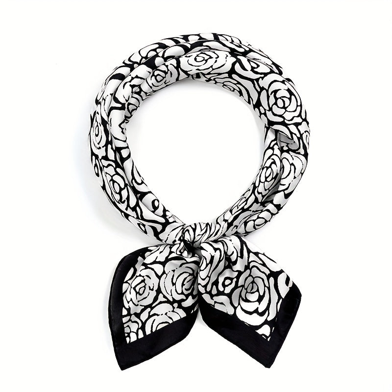 Rose Print Bandana Square Scarf Satin Neckerchief Hair Accessories