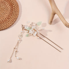 Retro Style Hair Fork Chinese Style Hair Stick Faux Pearl Flower Leaf Decor