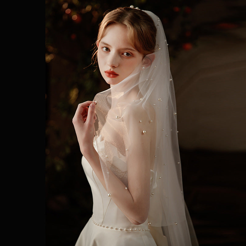 Beaded Bridal Veil with Long Train Double Layer Bowknot for Weddings