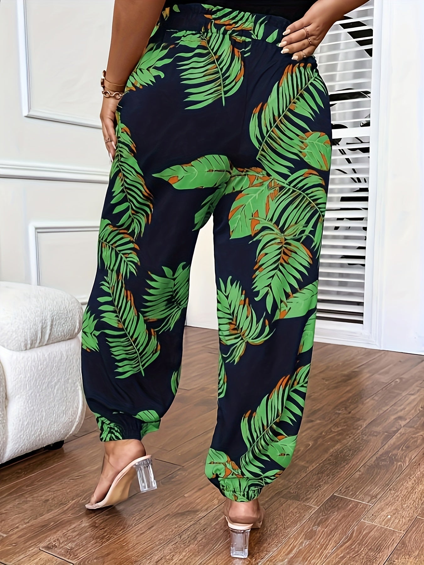  Boho Pants Women's Plus Tropical Print Drawstring Elastic
