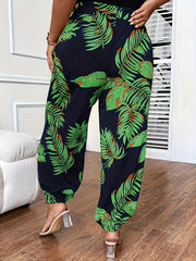  Boho Pants Women's Plus Tropical Print Drawstring Elastic